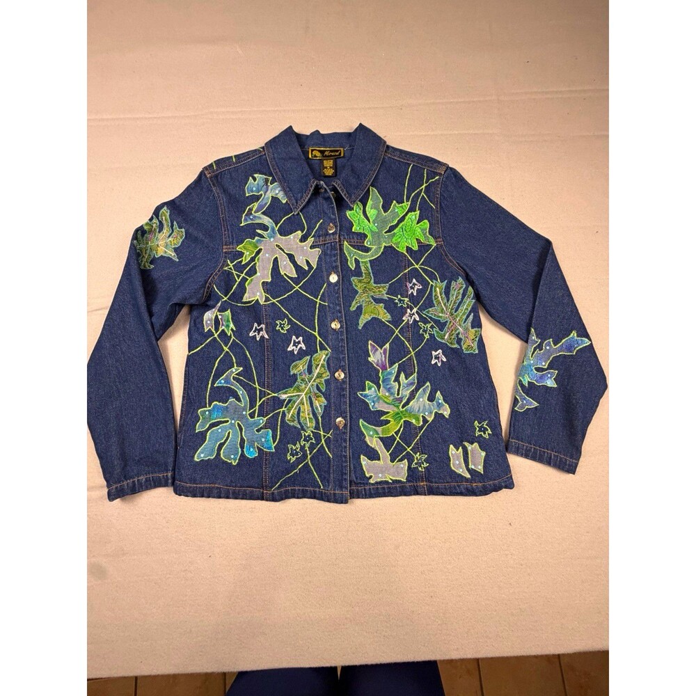 Mirasol Women’s Blue Button Front Collared Embroidered Floral Jacket Pockets M